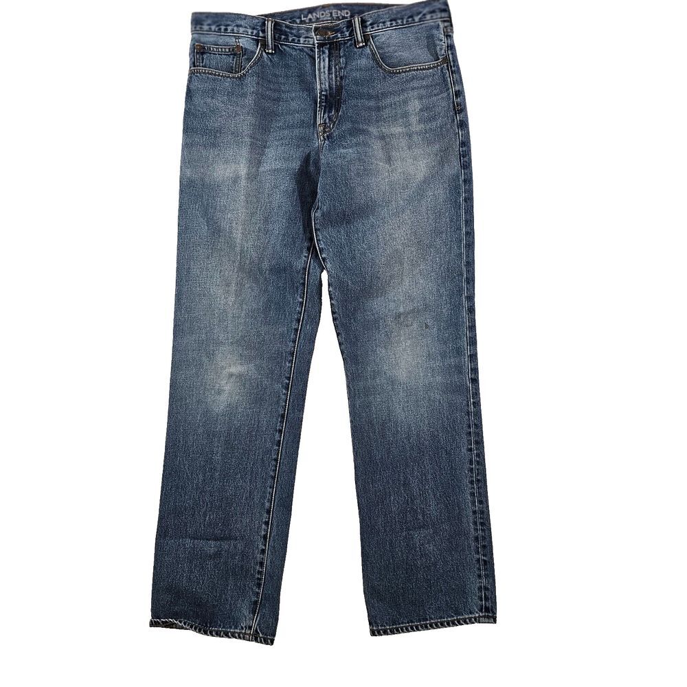 Lands' End Mens Jeans Straight Fit Pockets Denim Regular Fit Dark Wash Size 34